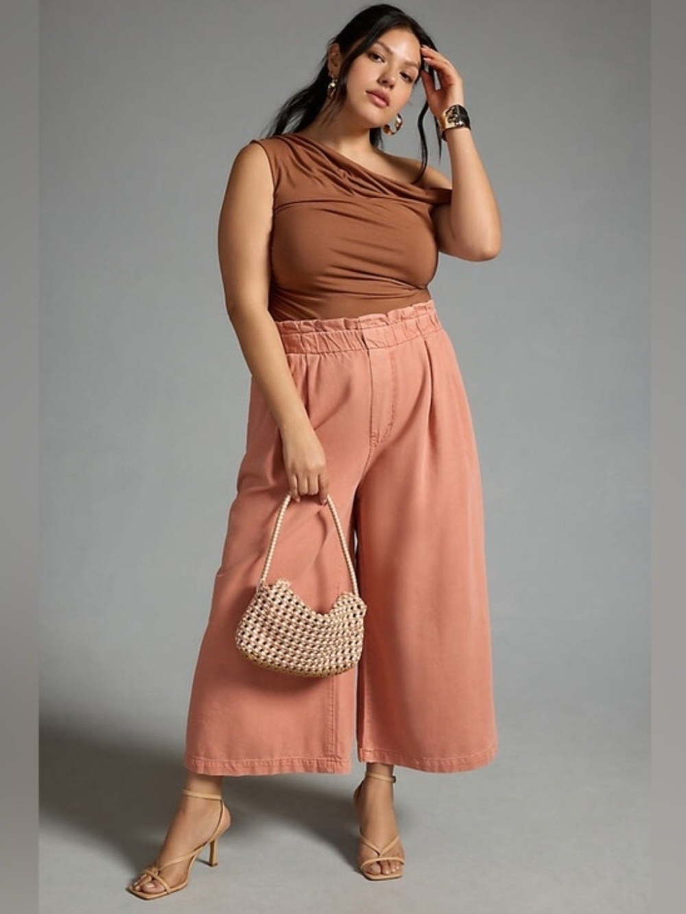 Pilcro Anthropologie Pink Peach Wide Leg Culottes Paperbag Crop Pants L - Picture 3 of 11
